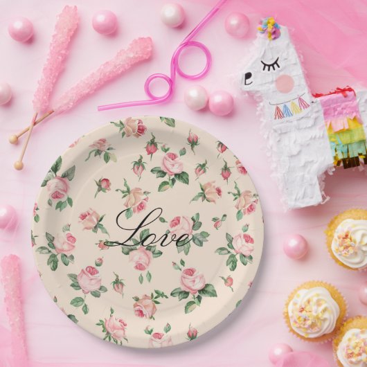 ピンクかわいらしローズフローラ結婚ズ ペーパープレート (パーティー)
