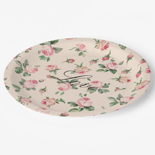 ピンクかわいらしローズフローラ結婚ズ ペーパープレート (アングル)