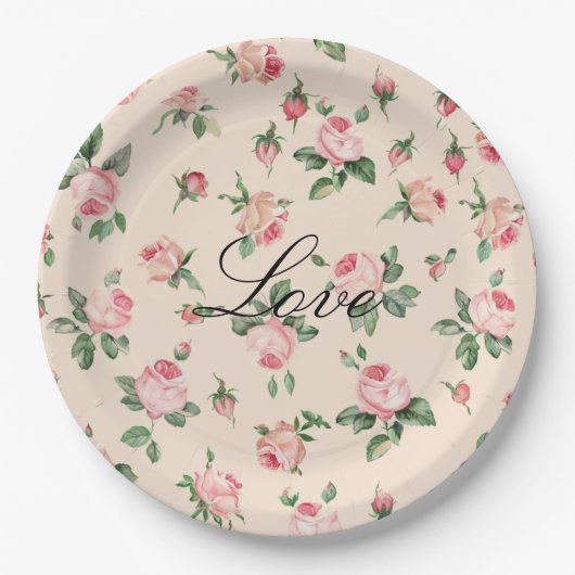 ピンクかわいらしローズフローラ結婚ズ ペーパープレート (正面)