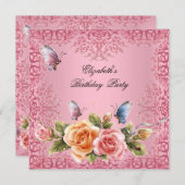 ピンクかわいらしローズフローラ誕生会 招待状 (正面/裏面)