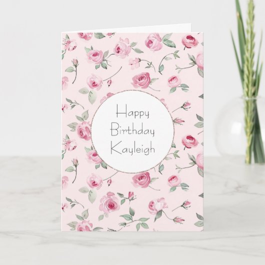 ピンクかわいらしローズフローラ誕生日 カード (正面)
