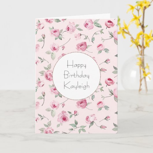 ピンクかわいらしローズフローラ誕生日 カード (黄色い花)
