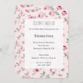 ピンクかわいらしローズフローラ誕生日 招待状 (正面/裏面)