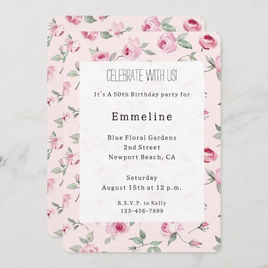 ピンクかわいらしローズフローラ誕生日 招待状 (正面/裏面)