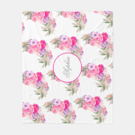 ピンクかわいらしローズフローラ フリースブランケット