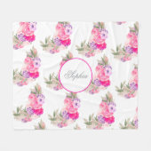 ピンクかわいらしローズフローラ フリースブランケット (正面(横))