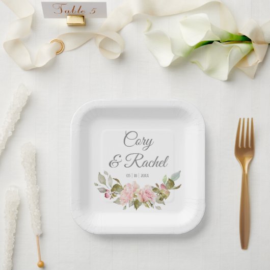 ピンクかわいらしローズブーケ結婚ーズ ペーパープレート (ウェディング)