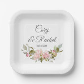 ピンクかわいらしローズブーケ結婚ーズ ペーパープレート (正面)