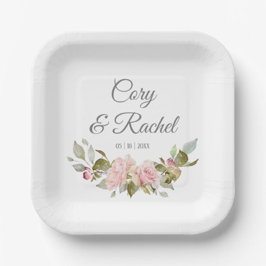 ピンクかわいらしローズブーケ結婚ーズ ペーパープレート (正面)