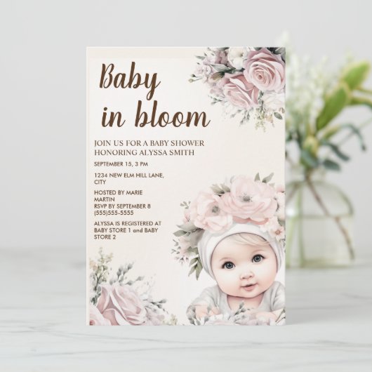 ピンクかわいらしローズベビーイン開花ガールベビーシャワー 招待状 (スタンド正面)