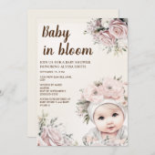 ピンクかわいらしローズベビーイン開花ガールベビーシャワー 招待状 (正面/裏面)