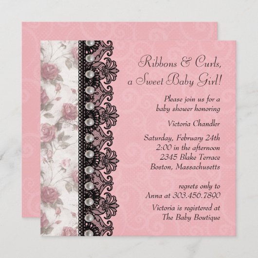 ピンクかわいらしローズベビーガールシャワー 招待状 (正面/裏面)