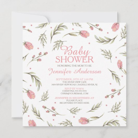 ピンクかわいらしローズベビーシャワー 招待状 (正面)