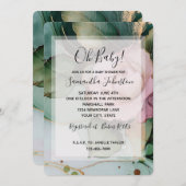 ピンクかわいらしローズホワイト金ゴールドフローラ赤ちゃんシャワー 招待状 (正面/裏面)