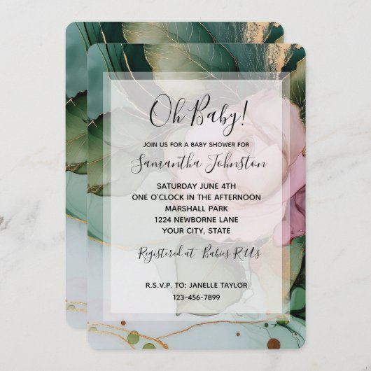 ピンクかわいらしローズホワイト金ゴールドフローラ赤ちゃんシャワー 招待状 (正面/裏面)