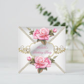 ピンクかわいらしローズホワイト金ゴールド誕生日パーティー 招待状 (スタンド正面)