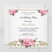 ピンクかわいらしローズホワイト金ゴールド誕生日パーティー 招待状 (裏面)