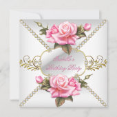 ピンクかわいらしローズホワイト金ゴールド誕生日パーティー 招待状 (正面)