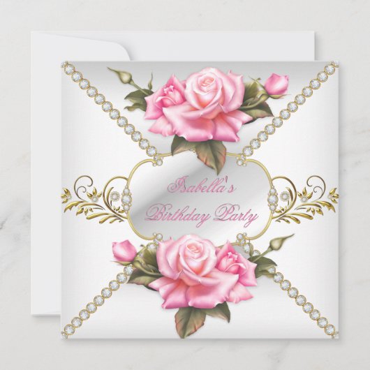 ピンクかわいらしローズホワイト金ゴールド誕生日パーティー 招待状 (正面)