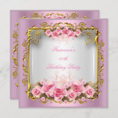 ピンクかわいらしローズホワイト金ゴールド誕生日パーティー 招待状 (正面/裏面)