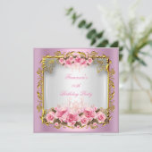 ピンクかわいらしローズホワイト金ゴールド誕生日パーティー 招待状 (スタンド正面)