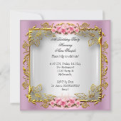 ピンクかわいらしローズホワイト金ゴールド誕生日パーティー 招待状 (裏面)