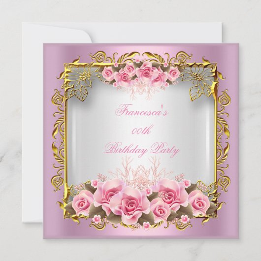 ピンクかわいらしローズホワイト金ゴールド誕生日パーティー 招待状 (正面)