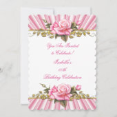 ピンクかわいらしローズ金ゴールドホワイトバースデーパーティー 招待状 (正面)