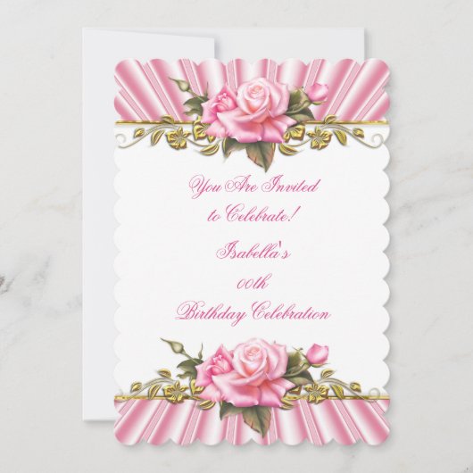 ピンクかわいらしローズ金ゴールドホワイトバースデーパーティー 招待状 (正面)
