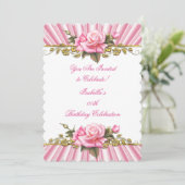ピンクかわいらしローズ金ゴールドホワイトバースデーパーティー 招待状 (スタンド正面)