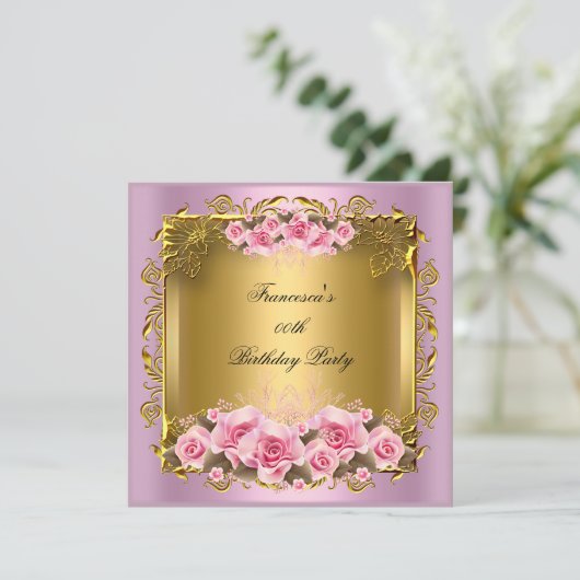 ピンクかわいらしローズ金ゴールド誕生会 招待状 (スタンド正面)
