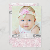 ピンクかわいらしローズ《キリスト教》洗礼式や命名式 招待状 (正面/裏面)