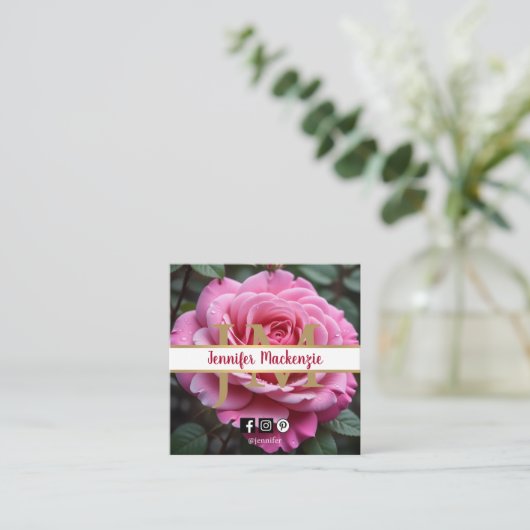 ピンクかわいらしローズAI生成 スクエア名刺 (スタンド正面)