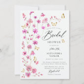 ピンクかわいらしワイルドフラワーズバタフライブライダルシャワー 招待状 (正面)