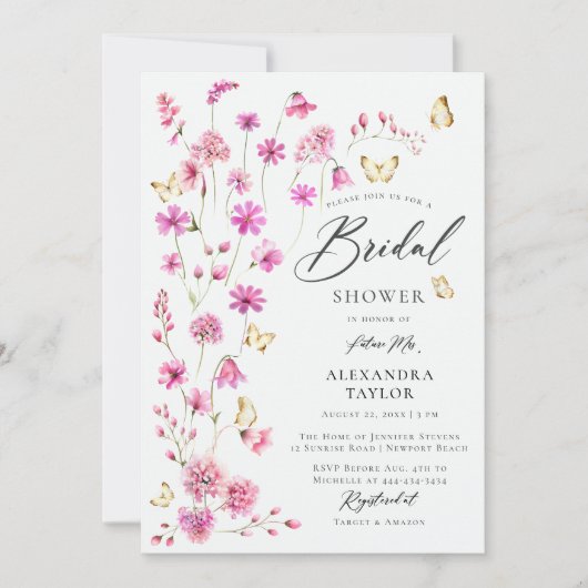 ピンクかわいらしワイルドフラワーズバタフライブライダルシャワー 招待状 (正面)
