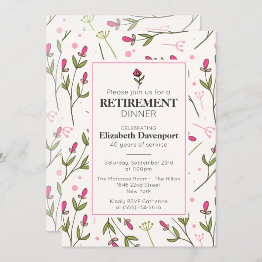 ピンクかわいらしワイルドフラワーズリタイアメントディナー 招待状 (正面/裏面)
