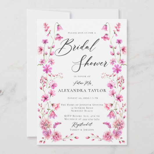 ピンクかわいらしワイルドフラワーボホフレームブライダルシャワー 招待状 (正面)