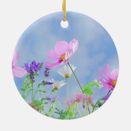ピンクかわいらしワイルドフラワーメドウ セラミックオーナメント (裏面)