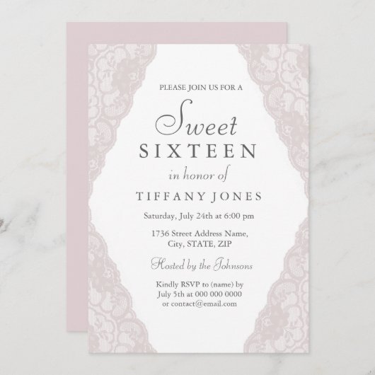 ピンクかわいらしヴィンテージレーススウィート16招待状 招待状 (正面/裏面)