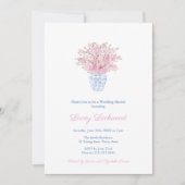 ピンクかわいらし名門私立校風のブルーチノワセリーウェディングシャワー 招待状 (正面)