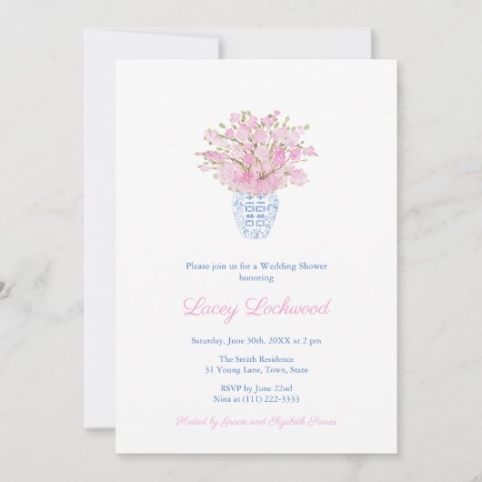 ピンクかわいらし名門私立校風のブルーチノワセリーウェディングシャワー 招待状 (正面)