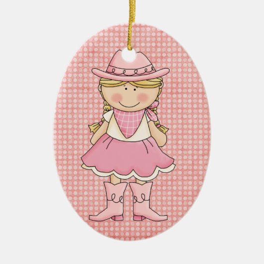 ピンクかわいらし女性のカーボーイ(ブロンド)とシェリフスバッジ セラミックオーナメント (正面)