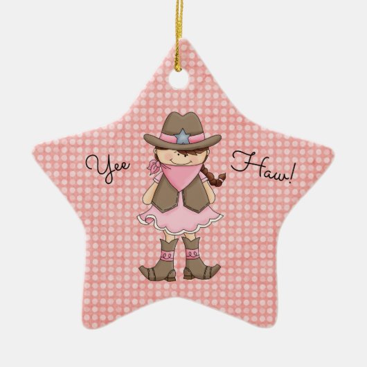 ピンクかわいらし女性のカーボーイ（茶色） セラミックオーナメント (正面)