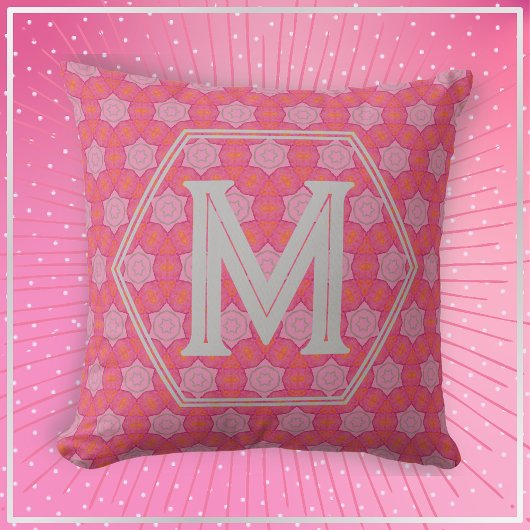 ピンクかわいらし星幾何模様モノグラム クッション