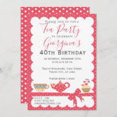 ピンクかわいらし水玉模様誕生日ティーパーティー 招待状 (正面/裏面)