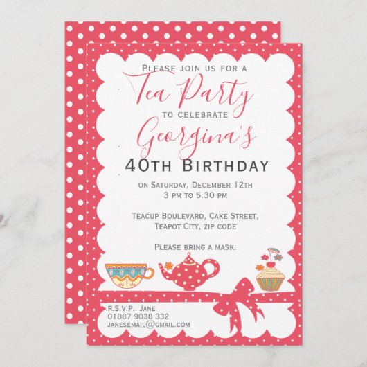 ピンクかわいらし水玉模様誕生日ティーパーティー 招待状 (正面/裏面)