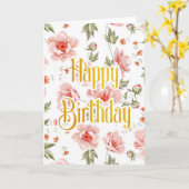 ピンクかわいらし牡丹ハッピーバースデーカード カード (黄色い花)
