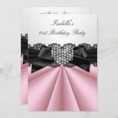 ピンクかわいらし白黒ダイヤモンドバースデーパーティー 招待状 (正面/裏面)
