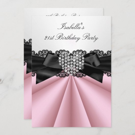 ピンクかわいらし白黒ダイヤモンドバースデーパーティー 招待状 (正面/裏面)