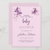 ピンクかわいらし紫色の蝶の赤ちゃんシャワーパーティー 招待状 (正面/裏面)